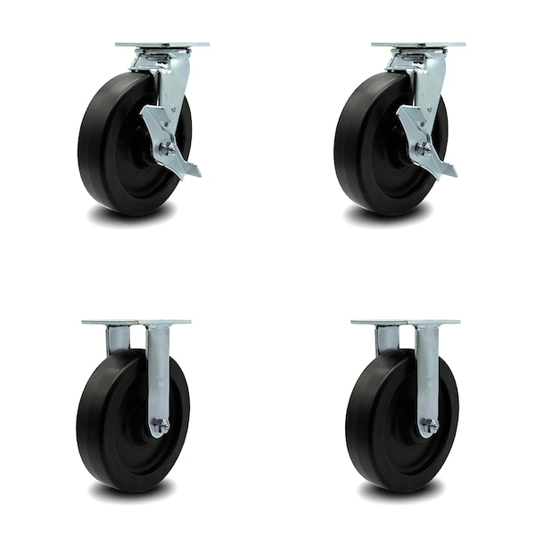 8 Inch Polyolefin Caster Set with Ball Bearings 2 Brakes 2 Rigid